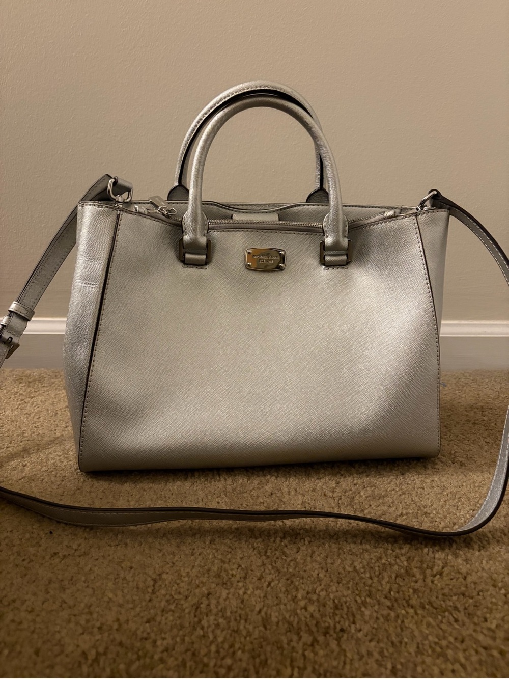 Michael Kors Metallic Silver Saffiano Satchel